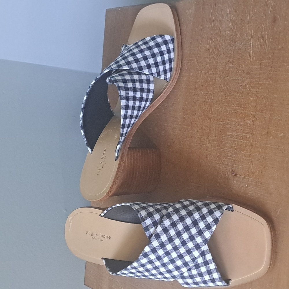 rag & bone Blue & White Gingham Slides With Chunky Heel